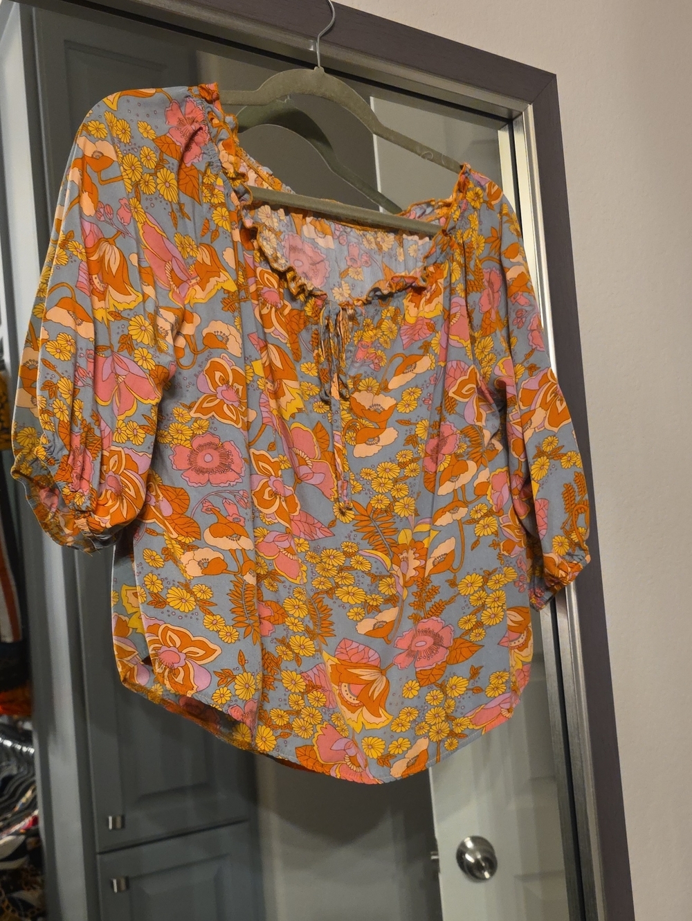Floral Off-Shoulder Peasant Top - Pink & Orange